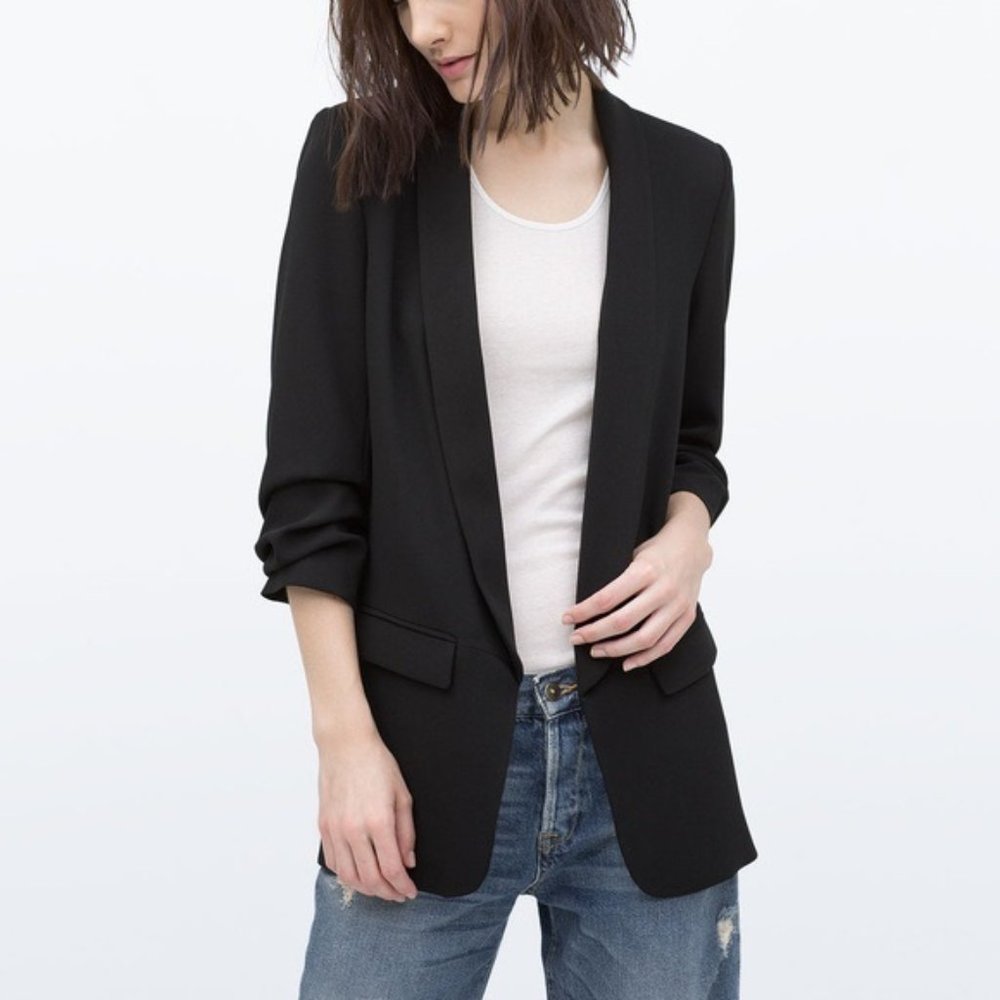 Zara Black Longline Blazer with Ruched Sleeves XS